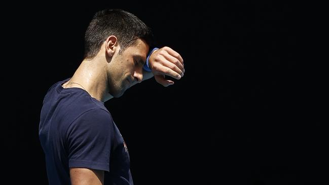 Novak Djokovic at a practice session on Wednesday after his release from detention, as he sweated on a decision from the federal government on his visa. Picture: Darrian Traynor/Getty Images