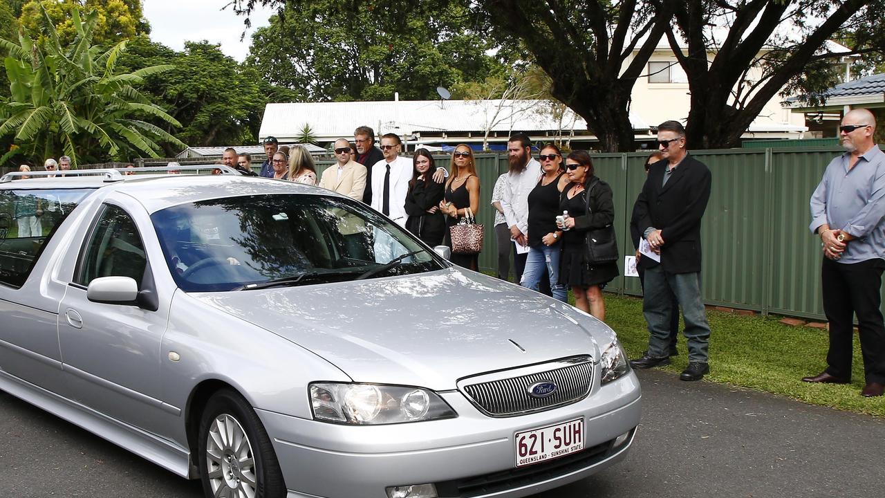 Friends and family attend the funeral of well-known Gold Coast man Ian Gal at Nerang Uniting Church on Thursday morning. Picture: Tertius Pickard