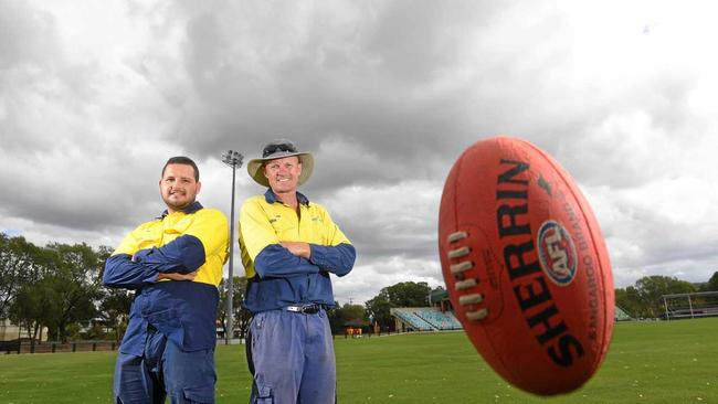 OVAL OFFICE: Lismore City Council sports team leader Craig Goldmsith and sports groundsman Malcolm Saunderson at Oakes Oval which they have prepared for the inaugural Lismore AFL match between the Sydney Swans and the Gold Coast Suns on March 10. Picture: Marc Stapelberg