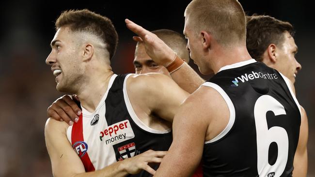 Jade Gresham celebrates a goal in his 100th appearance for St Kilda. Picture: Getty Images