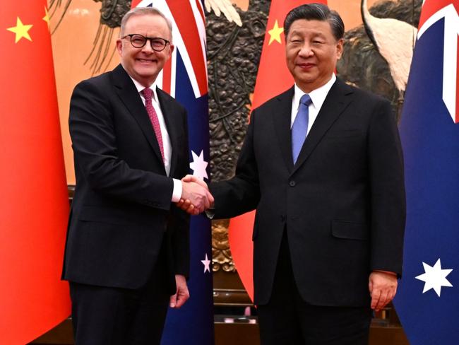 FEE'S APPLY. Australia's Prime Minister Anthony Albanese meets with China's President Xi Jinping at the Great Hall of the People in Beijing, China, Monday, November 6, 2023. Anthony Albanese will hold talks in China with President Xi Jinping in the first visit to the Asian nation by a sitting prime minister since 2016. (AAP Image/Lukas Coch) NO ARCHIVING