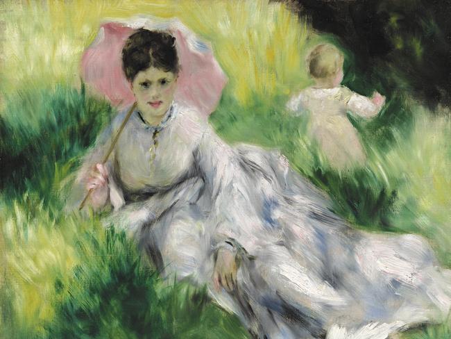 Pierre-Auguste Renoir, French 1841–1919 Woman with a parasol and small child on a sunlit hillside c. 1874–76 oil on canvas, 47.0 x 56.2 cm Museum of Fine Arts, Boston. Bequest of John T. Spaulding Photography © Museum of Fine Arts, Boston. All Rights Reserved *Only to be used for editorial coverage to review or promote French Impressionism from the Museum of Fine Arts, Boston at the NGV 2025