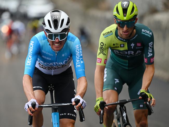VALLE CASTELLANA, ITALY - MARCH 08: (L-R) Ben O'connor of Australia and Team Decathlon-Ag2R La Mondiale and Jai Hindley of Australia and Team Bora-Hansgrohe compete in the chase group during the 59th Tirreno-Adriatico 2024, Stage 5 a 144km stage from Torricella Sicura to Valle Castellana 615m / #UCIWT / on March 08, 2024 in Valle Castellana, Italy. (Photo by Tim de Waele/Getty Images)