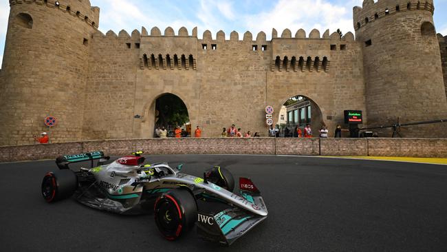 Lewis Hamilton steers his car around the Azerbaijan GP circuit. Picture: Natalia Kolesnikova / AFP