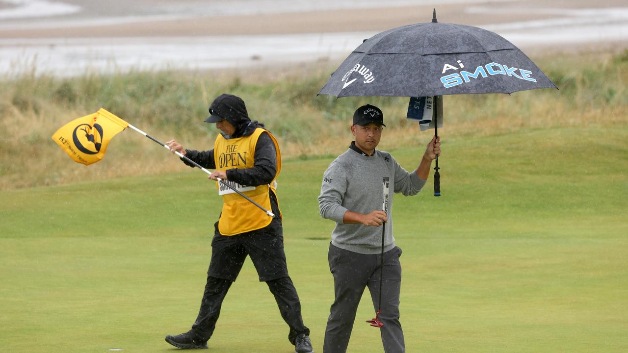 TROON, SCOTLAND – JULY 20: Xander Schauffele of the United States reacts on the fifth green during day three of The 152nd Open championship at Royal Troon on July 20, 2024 in Troon, Scotland. (Photo by Harry How/Getty Images)