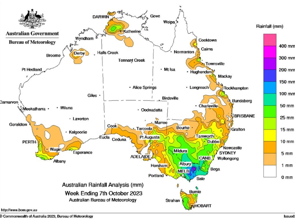 Latest historical rainfall map for the last week – to October 7. Picture: Bureau of Meteorology