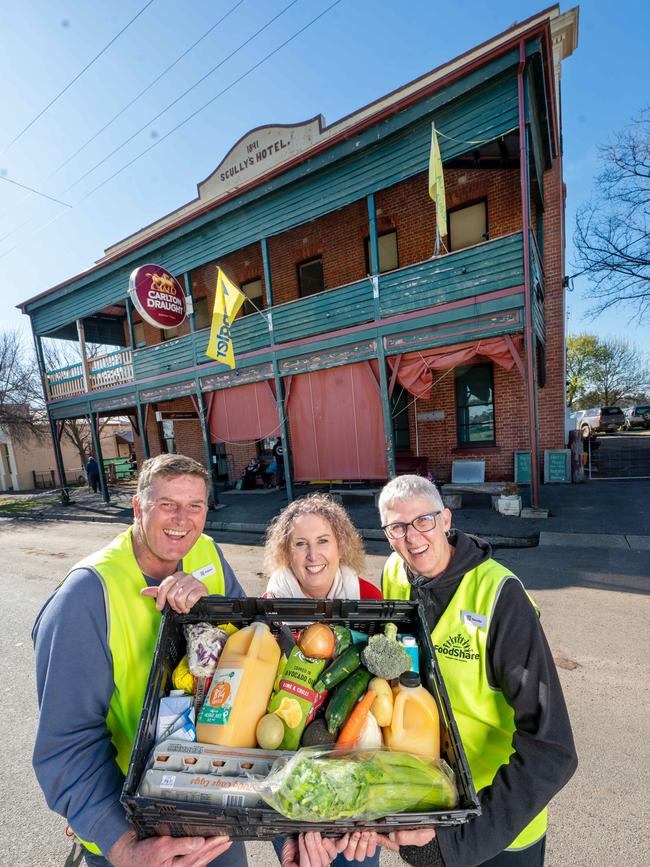 Korong Vale Hotel food relief volunteers Louise Bewley, Alister and Nannette. Picture: Rob Leeson