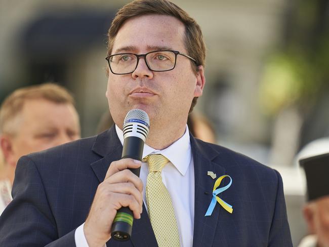 John Gardner speaking at Pray for Ukraine in Adelaide, Sunday, March 13, 2022. Picture: MATT LOXTON