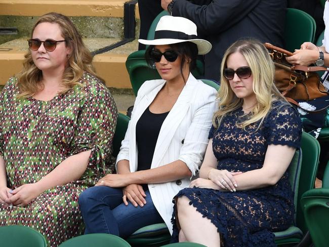 ONE TIME WEB USE ONLY - FEE APPLIES FOR REUSE - Mandatory Credit: Photo by James Veysey/Shutterstock (10327629et) Meghan Duchess of Sussex with friends Genevieve Hillis (L) and Lindsay Roth watching the action on Court 1 Wimbledon Tennis Championships, Day 4, The All England Lawn Tennis and Croquet Club, London, UK - 04 Jul 2019