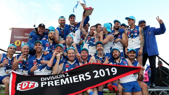 Sunbury Kangaroos celebrate their 2019 Division 2 premiership. Picture Mark Dadswell