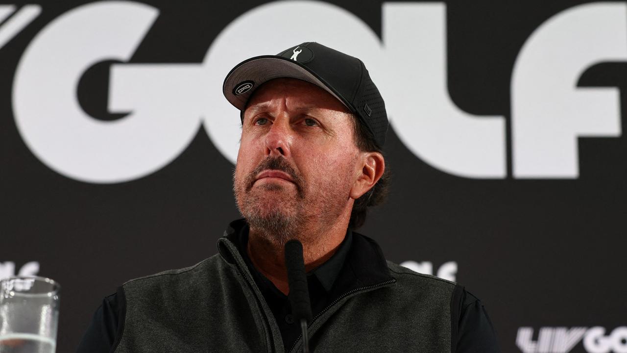 Phil Mickelson reacts as he speaks during a press conference ahead of the forthcoming LIV Golf Invitational Series event at The Centurion Club. Photo: AFP