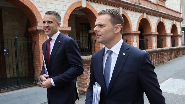 SA Premier Peter Malinauskas and Treasurer Stephen Mullighan on their way to the Adelaide Convention Centre to deliver the state budget. Picture: NCA NewsWire / David Mariuz