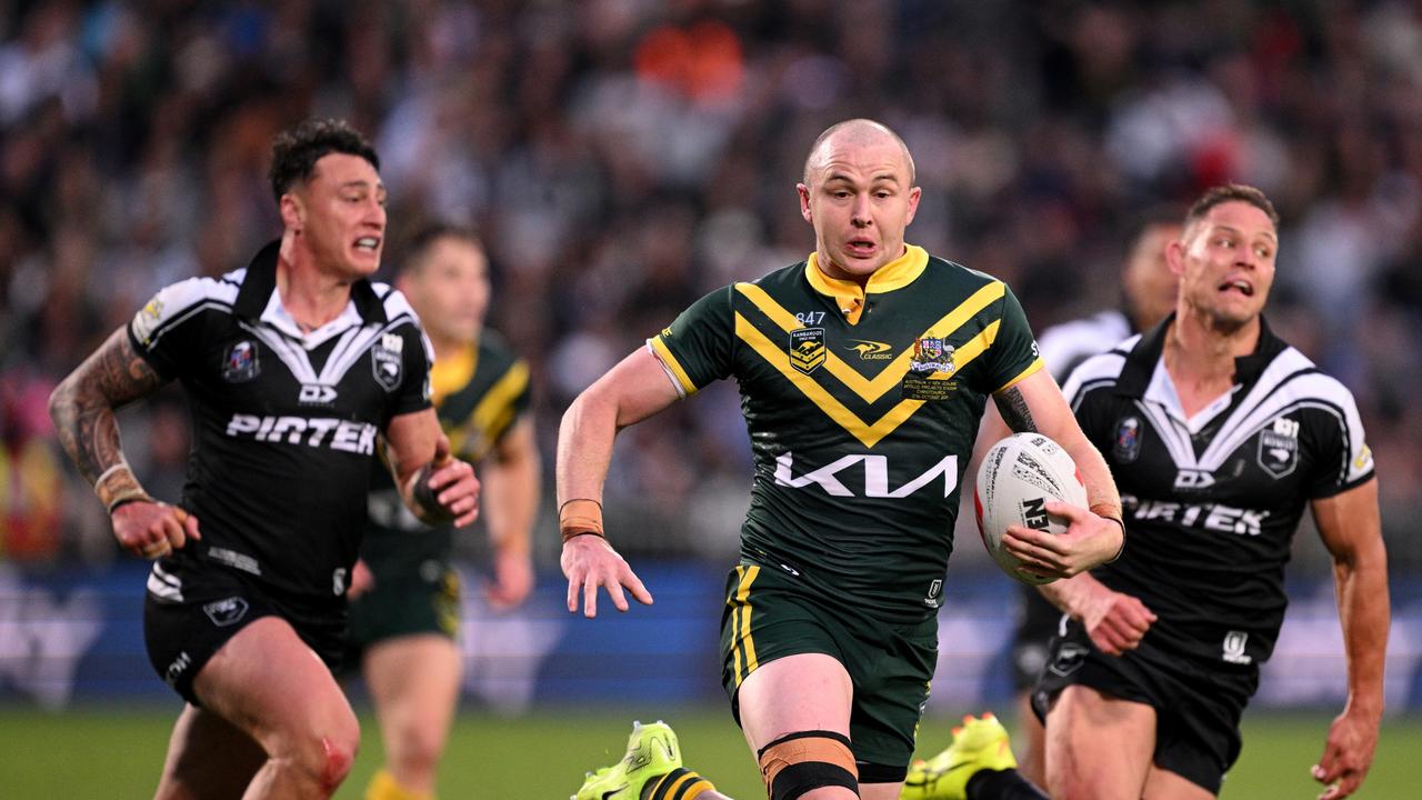 CHRISTCHURCH, NEW ZEALAND - OCTOBER 27: Dylan Edwards of Australia charges forward during the men's 2024 Rugby League Pacific Championships match between New Zealand Kiwis and Australian Kangaroos at Apollo Projects Stadium on October 27, 2024 in Christchurch, New Zealand. (Photo by Joe Allison/Getty Images)