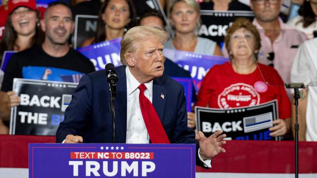 Donald Trump on the stump at the Bojangles Coliseum in Charlotte, North Carolina, on Wednesday. Picture: AFP