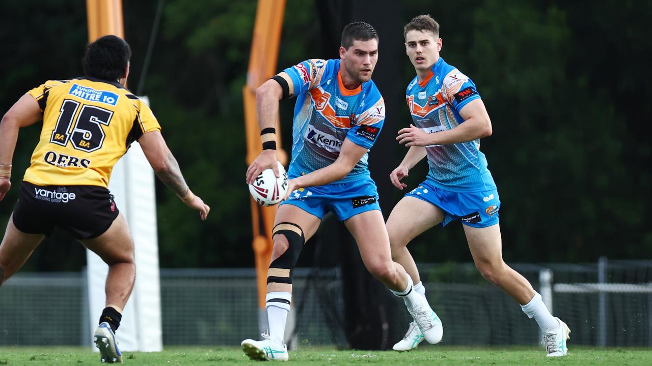 Cairns’ QRL team, the Northern Pride, is a feeder club to the North Queensland Cowboys. Utility Evan Child sets up a play in a Hostplus Cup match between the Northern Pride against the Sunshine Coast Falcons, held at Barlow Park. Picture: Brendan Radke