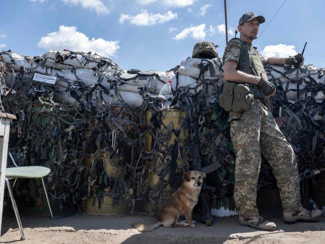 A Ukrainian soldier, accompanied by a dog, keeps position on the front line in Mykolaiv region. Picture: AFP