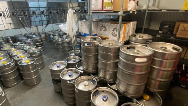 Scores of beer kegs are ready for parched patrons.