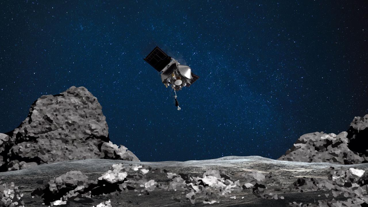 An artist’s depiction shows the Osiris-Rex spacecraft descending towards Bennu to collect samples of the asteroid’s surface. Image: NASA/Goddard/Arizona State University/ AFP