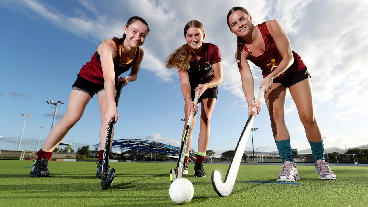 Cairns Hockey players will attend state selection trials in Brisbane this weekend as they vie for a spot in the Queensland team that will compete at the Australian U18 National Championships in Launceston in April. Dannan Findlay, 15, Talytha MacDonald, 15 and Shaylee Atkinson. Picture: Stewart McLean