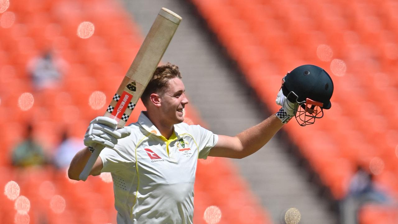 Cameron Green celebrating his first Test century. Picture: Punit PARANJPE/AFP