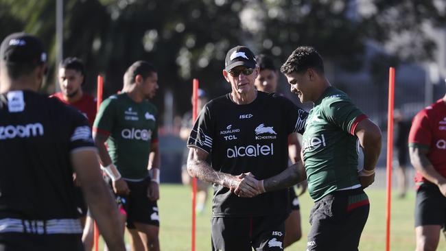 Coach Wayne Bennett with Latrell Mitchell. South Sydney Rabbitohs training at Redfern Oval. Picture: Dylan Robinson