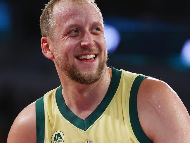 MELBOURNE, AUSTRALIA - JULY 04: Joe Ingles of the Boomers smiles during the game between the Australia Boomers and China at John Cain Arena on July 04, 2024 in Melbourne, Australia. (Photo by Graham Denholm/Getty Images)