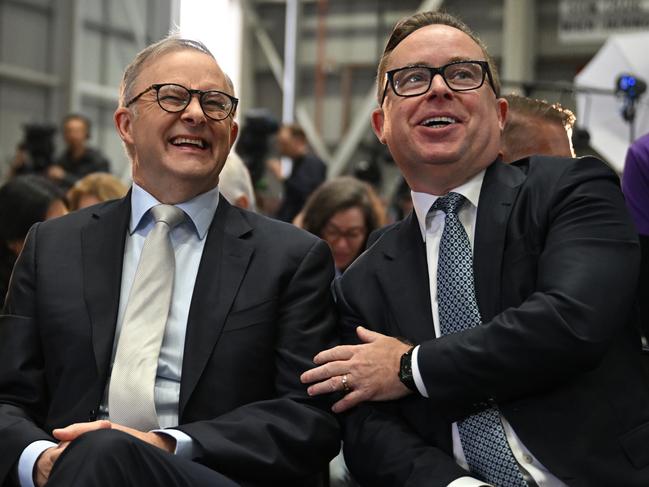 Prime Minister Anthony Albanese and then Qantas CEO Alan Joyce as Qantas unveil their Yes23 livery being carried on some of their aircraft at Sydney. Picture: AAP