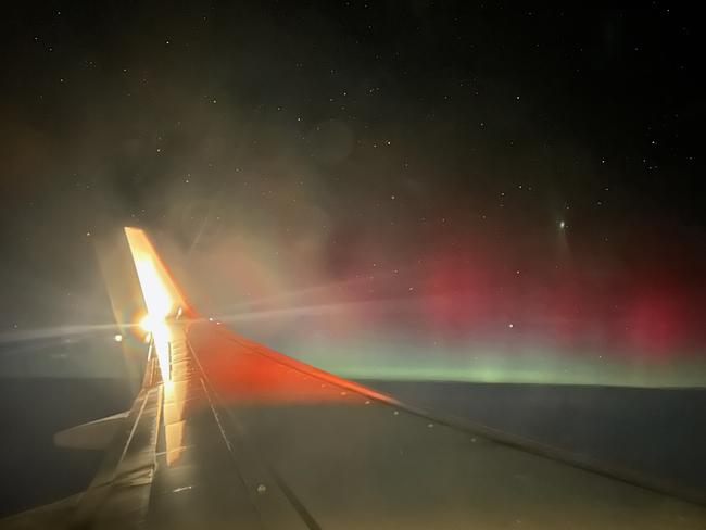 Aurora Australis lights up the South Australian sky. Live view from 38,000 feet at the top of the descent into Adelaide. Picture: Gemma Jones