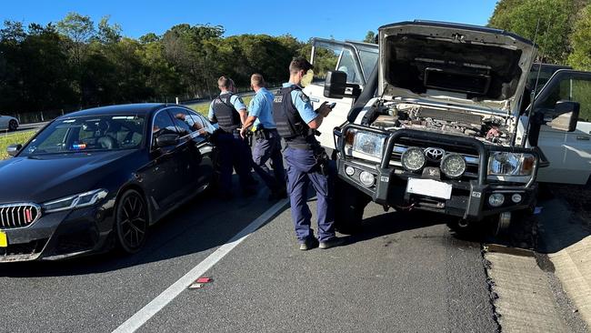 An unmarked police car was allegedly rammed by a stolen ute during a chase on the Mid-North Coast and a man later charged. He was denied bail and his matter returns to Kempsey Local Court on March 20, 2025. Picture: Facebook/ Traffic and Highway Patrol Command, NSW Police Force