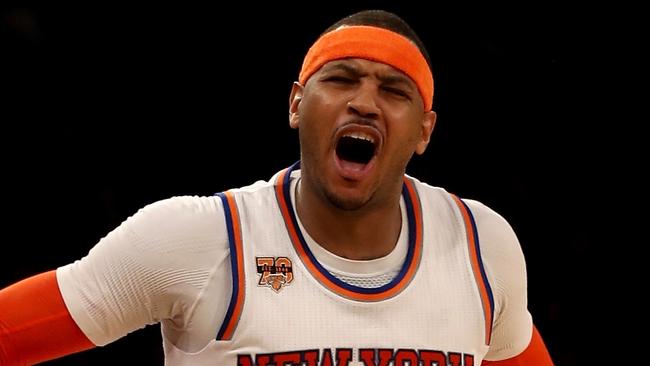 NEW YORK, NY - FEBRUARY 12: Carmelo Anthony #7 of the New York Knicks reacts after he is called for a foul in the fourth quarter against the San Antonio Spurs at Madison Square Garden on February 12, 2017 in New York City. NOTE TO USER: User expressly acknowledges and agrees that, by downloading and or using this Photograph, user is consenting to the terms and conditions of the Getty Images License Agreement   Elsa/Getty Images/AFP == FOR NEWSPAPERS, INTERNET, TELCOS & TELEVISION USE ONLY ==