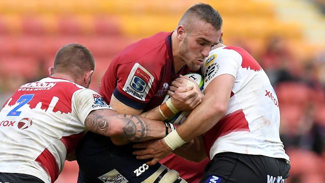 Queensland’s Izack Rodda takes on the Lions defence on Saturday.