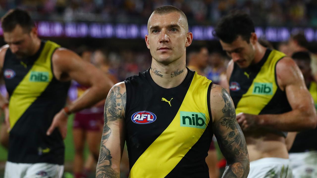 BRISBANE, AUSTRALIA - SEPTEMBER 01: Dustin Martin of the Tigers looks on after losing the Brisbane Lions and the Richmond Tigers at The Gabba on September 01, 2022 in Brisbane, Australia. (Photo by Chris Hyde/AFL Photos/via Getty Images)
