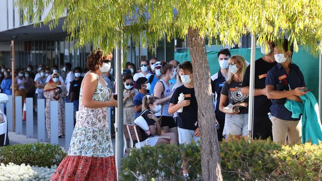 People queue for Covid 19 testing at Fiona Stanley Hospital on January 31 in Perth. Picture: Paul Kane