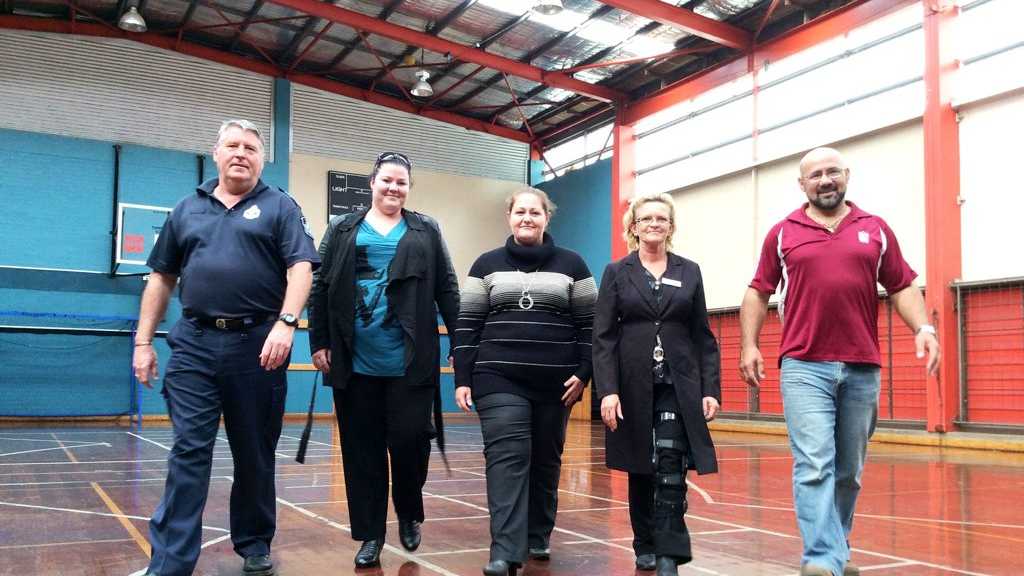 Preparing for this week’s food hamper program at Toowoomba PCYC are (from left) Sgt Cam Crisp, Loaves and Fishes volunteers Bridie Archer, Charmaine Schilt and Ann Kelly and PCYC operations manager Mick Betros. . Picture: Chris Calcino