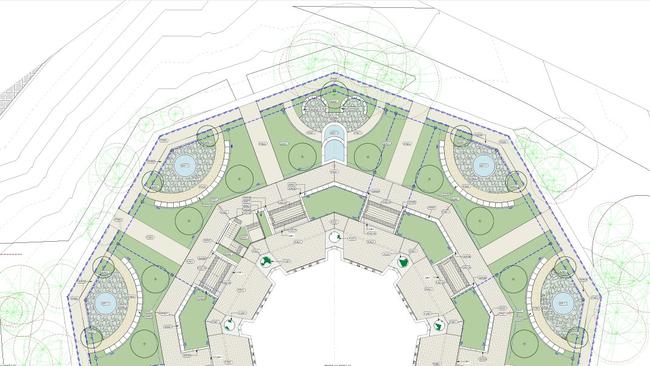 An artist's diagram, showing proposed new landscaping, alterations and additions to the outside of the Baha'i Temple at Ingleside.