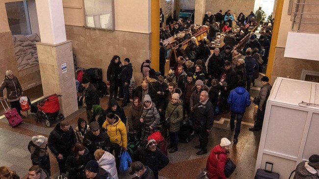 People wait to board an evacuation train heading to Kyiv on Wednesday. Picture: Roman Pilipey/EPA/The Times