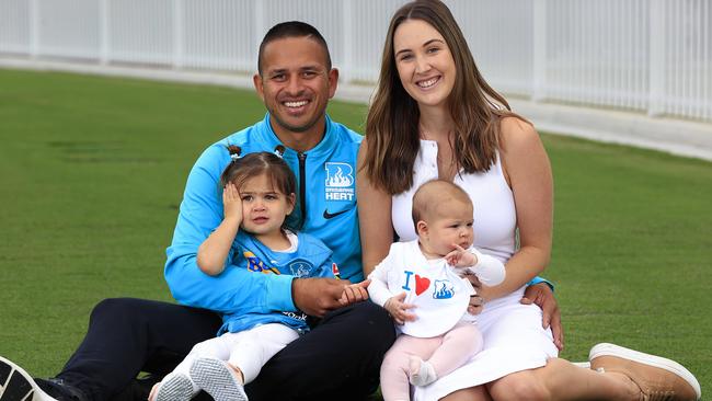 Usman Khawaja with wife Rachel and their children, Aisha, then 2, and Ayla, then 4 months. Picture: Adam Head.