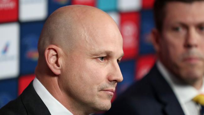 Matthew Nicks speaks to the media during his unveiling press conference at the Crows headquarters in Adelaide, Tuesday, October 15, 2019. Picture: AAP Image/Kelly Barnes