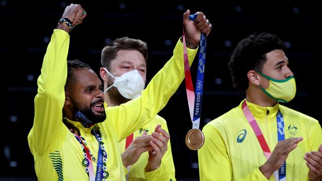 Patty Mills of Team Australia celebrates with his bronze medal. (Photo by Kevin C. Cox/Getty Images)
