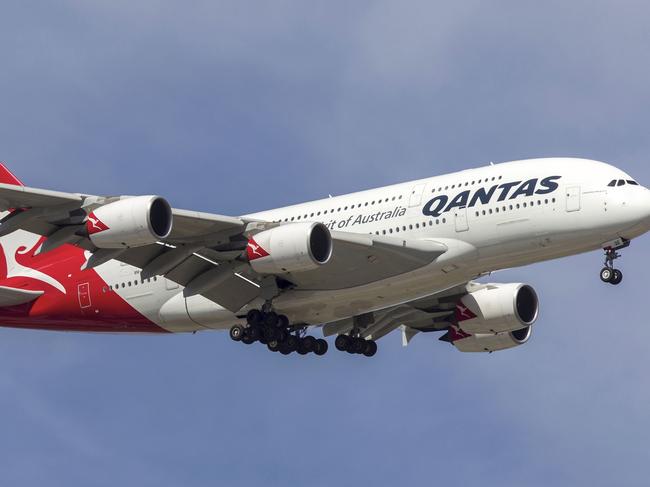 Melbourne, Australia - November 20, 2012: Qantas Airways Airbus A380 (registration VH-OQE) on approach to land at Tullamarine airport after operating flight QF94 from Los Angeles. Australian air travel, generic, qantas