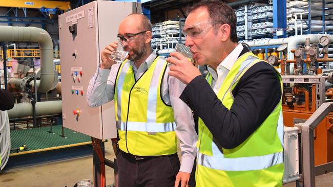 Plant Manager Javier Artal and Premier Steven Marshall at the Lonsdale Desalination Plant. Picture: AAP / Keryn Stevens