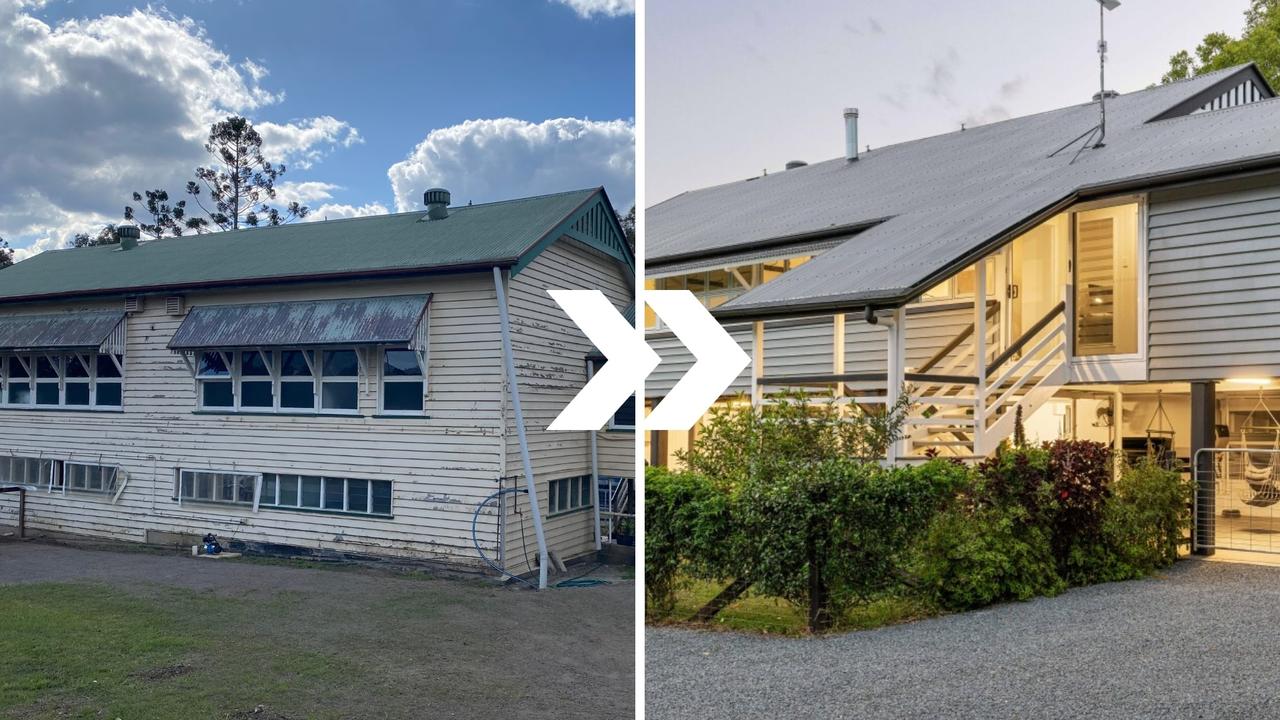 A somewhat dilapidated Kandanga Creek State School has been transformed into a modern self-sustaining acreage, complete with stables, a tennis court, and a lot of room for lounging. Pictures: Joe Williams (L) and REMAX Property Group (R).