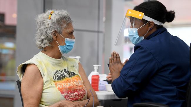 Wiradjuri elder and Indigenous rights activist Aunty Jenny Munro after receiving a Covid-19 vaccine in Redfern in inner-south Sydney. Picture: AAP