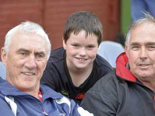 Warwick Cowboys 1987 premiership winners Brian Dunne and Rod Wilton with Keaghan Wilton (centre) at the 2016 TRL grand final which Warwick lost to Pittsworth. Picture: Gerard Walsh