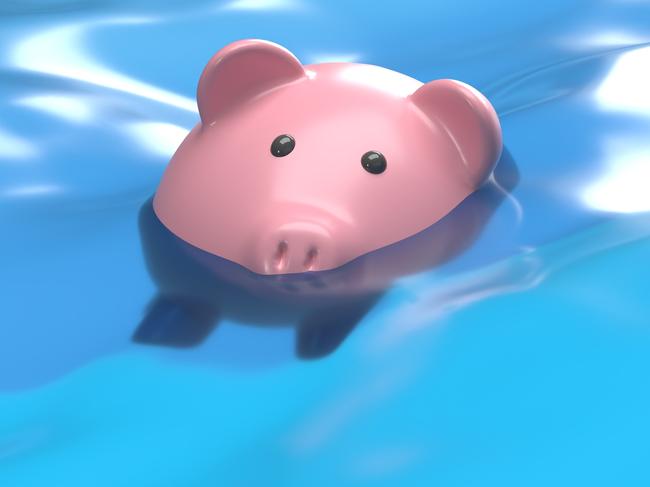 Global recession or bankruptcy 3D concept: Financial and economy crises. Rising inflation.  Piggy bank drowning in debt - savings to risk background with large copy space. Money losing value and investments failed; savings generic