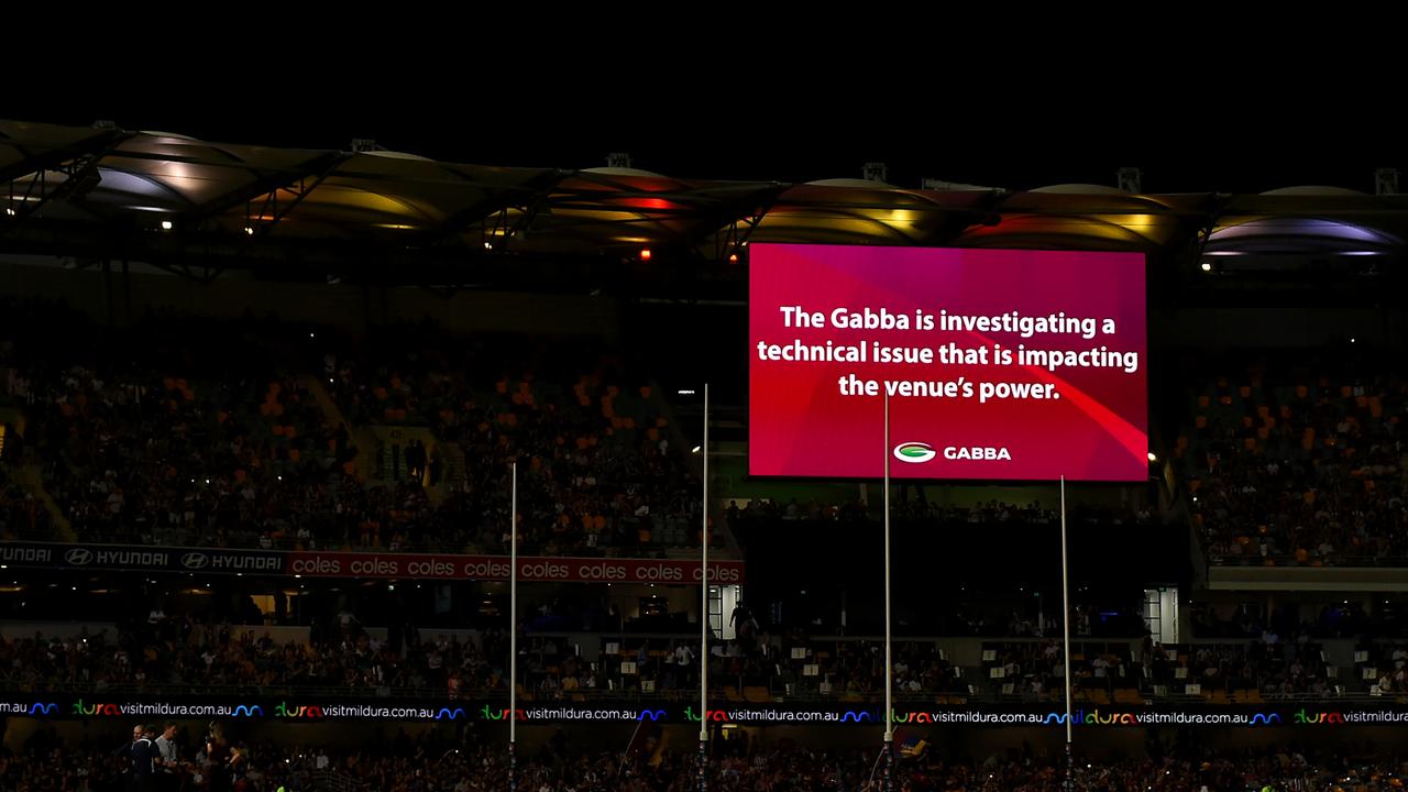 A blackout delayed the game between Brisbane and Melbourne. (Photo by Albert Perez/AFL Photos via Getty Images)