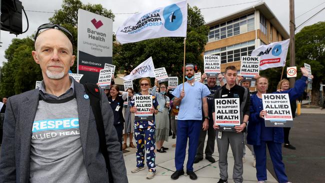 Allied Health professionals rallied outside Geelong hospital on Wednesday against a restructure. Andrew Hewat pictured, Executive Officer of Victorian Allied Health Professionals Association. Picture: Mike Dugdale