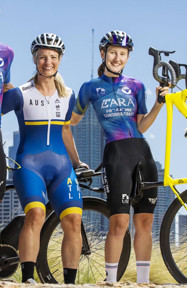 Isabelle Carnes (right) gearing up for a Brisbane Cycling Festival. Picture Lachie Millard