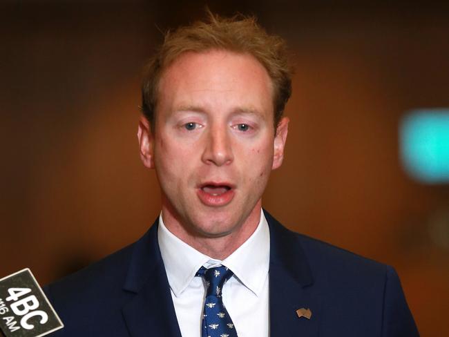 South Australian Minister David Speirs speaks to the media after the Murray Darling Basin Ministerial Council meeting at the Sofitel in Brisbane, Tuesday, December 17, 2019. (AAP Image/Sarah Marshall) NO ARCHIVING