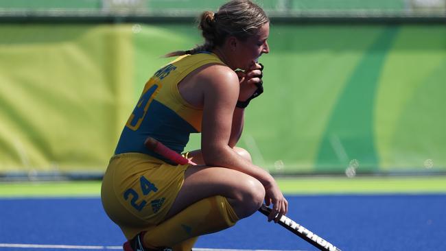 Mariah Williams shows her disappointment after Australia’s loss to New Zealand.